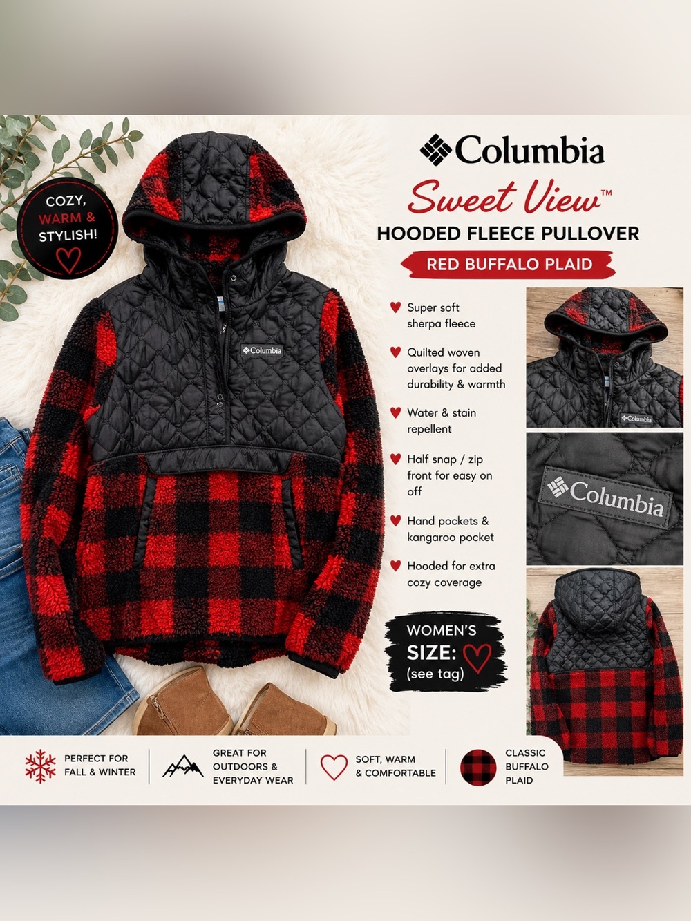 Columbia Red & Black Buffalo Plaid Quilted Hooded Fleece Pullover - Women's